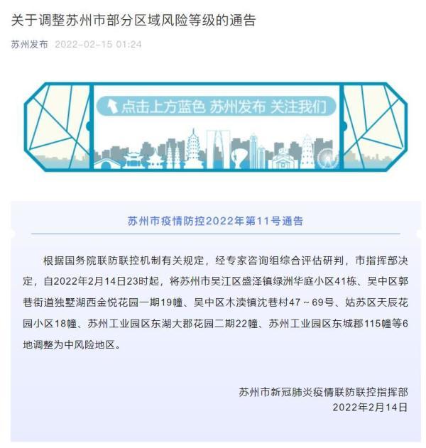 苏州市疫情防控通告：2022年部分区域风险等级调整情况